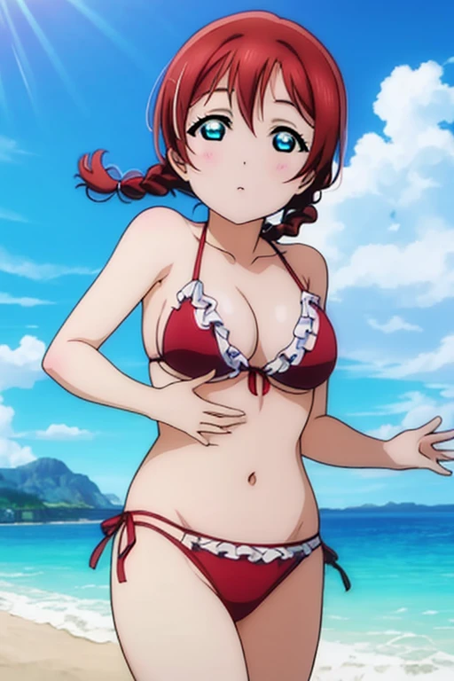 (masterpiece、Highest quality)、Nijigasaki Gakuen、Reddish brown hair、Braided twin braids、Emma green、Blue Eyes、Light green bikini、Big Breasts、Waistline、Beach、Love Live