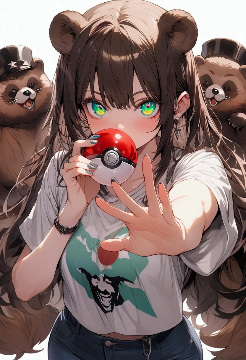 brown hair tanuki girl , with a shirt that has the word (Lenin), with a Pokeball in hand,green eyes , Tanuki Ears,blue jeans , Detailed hands , detailed eyes , masterpiece