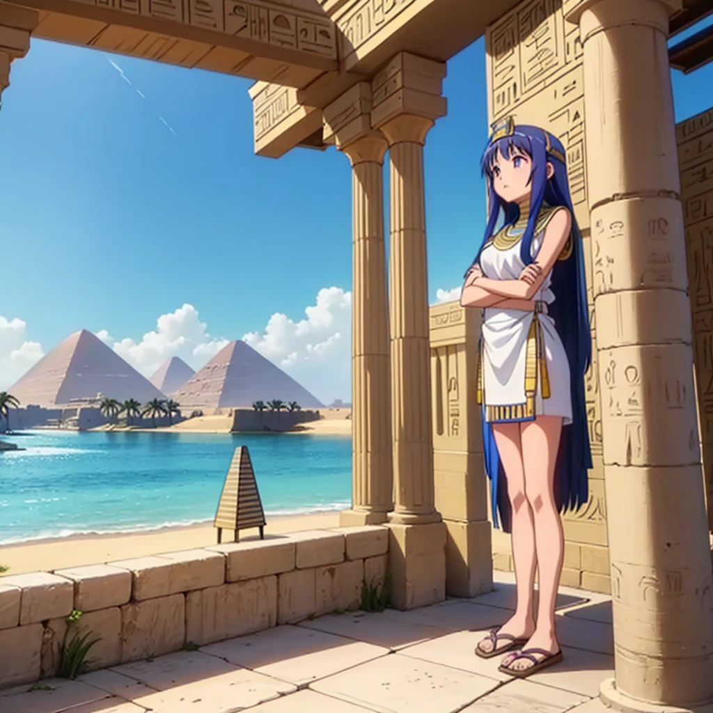 かわいいAncient Egyptの15歳の女の子、Ancient Egypt、View of the Nile、A colorful view of the whole、whole body、Low - Angle、Standing posture、Reeds are growing、Ancient Egyptの船、Ancient Egyptの風景
