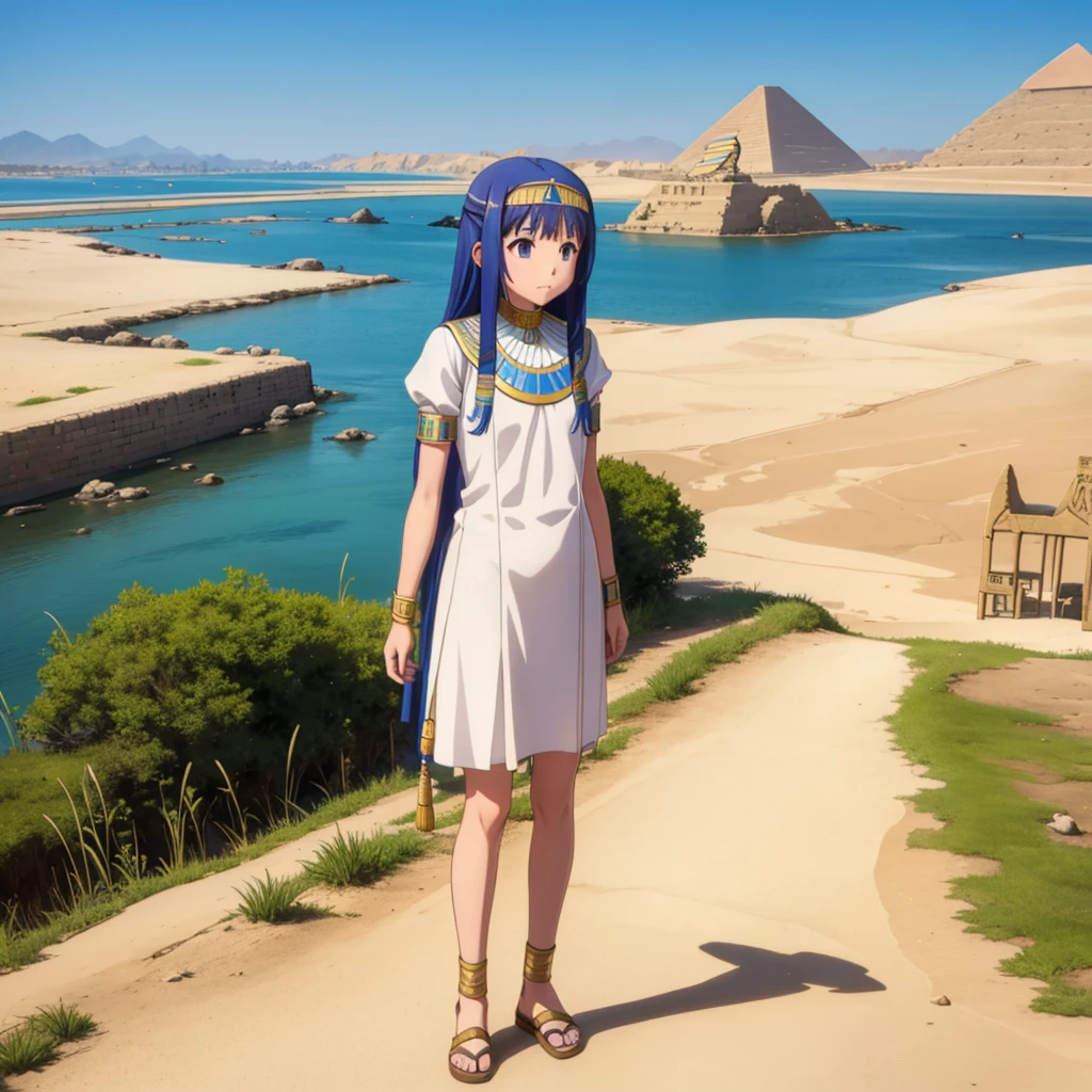 かわいいAncient Egyptの*******、Ancient Egypt、View of the Nile、A colorful view of the whole、whole body、Low - Angle、Standing posture、Reeds are growing、Ancient Egyptの船、Ancient Egyptの風景
