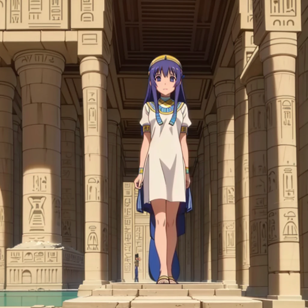 かわいいAncient Egyptの*******、Ancient Egypt、View of the Nile、A colorful view of the whole、whole body、Low - Angle、Standing posture、Reeds are growing、Ancient Egyptの船、Ancient Egyptの風景
