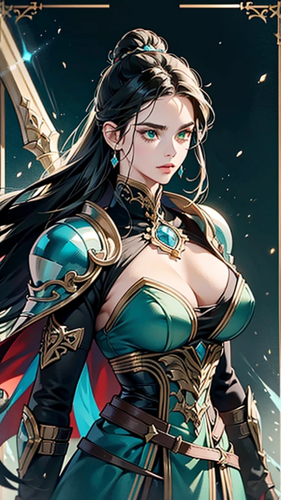 She has a mature, defined face with a firm jawline and high cheekbones, intense green eyes, and long black hair styled in an elegant bun with loose strands framing her face. Her skin is tanned and glowing. She has a curvier and more athletic physique, with well-defined muscles and an imposing yet graceful presence. Elara is wearing an elaborate armor made from the spoils of Nargoth. The armor is dark metal with glowing runes and features blue, ice-like adornments. It includes stylized shoulder pads, a robust chestplate with dragon emblems, and a flowing cape, reflecting strength and elegance.