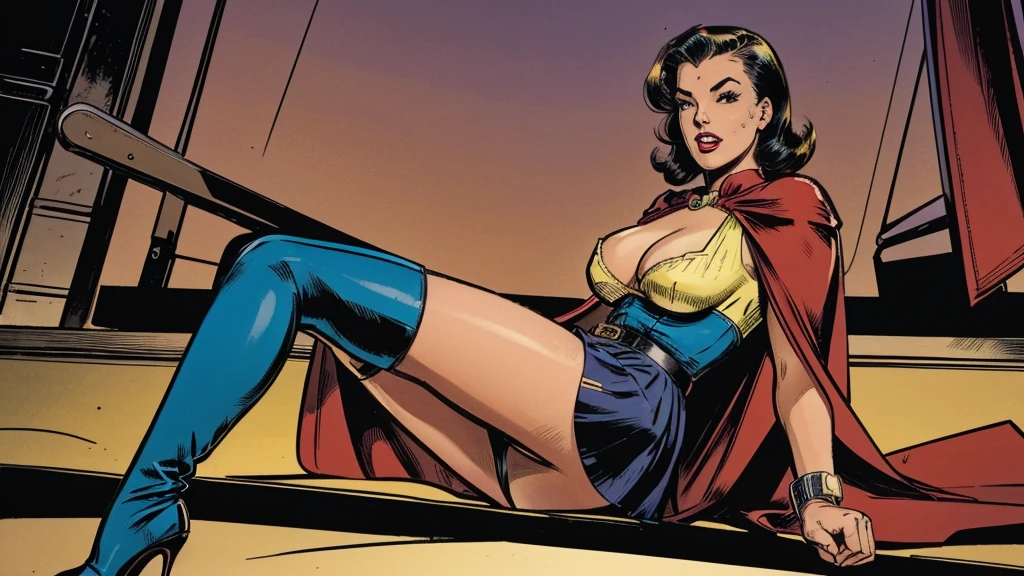 a 1950s female super-hero in an action pose, large breasts, short skirt, narrow waist, wearing tights and a cape, knee-boots, 1950s comic style, popping colors, contrast,1950s era atmosphere, vibrant colors, hyper-realistic, 8k, ultra-detailed