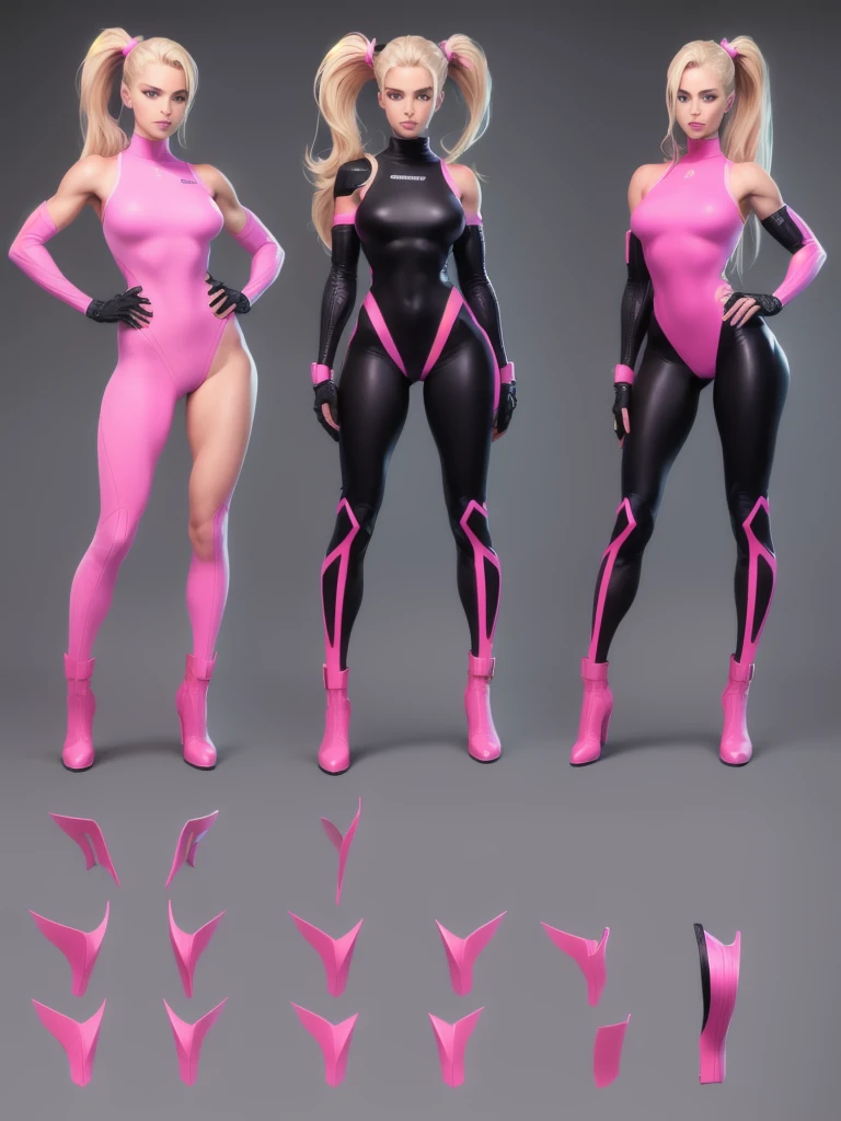 ((best quality)), ((4k)), ((highres)), ((masterpiece:1.2)). ((detailed)), ((ultra realistic)), ((intricate details)), ((full body picture)), ((character design sheet)), ((blank background)), ((standing in a blank background)), full body shot of a beautiful european female, blond beauty, about 21 years old, rosy white skin, red lips, smile on her face, happy expression on her face, about 5'6 ft. tall, perfect face, gorgeous face, blond hair, vivid green eyes, detailed lips, detailed eyes, long ponytail, athletic body, dressed in a skin-tight dark pink bodysuit ((emphasis on her skin-tight dark pink bodysuit)), black boots, ((black boots)), superhero character concept art, lean body frame.