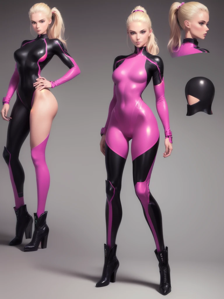 ((best quality)), ((4k)), ((highres)), ((masterpiece:1.2)). ((detailed)), ((ultra realistic)), ((intricate details)), ((full body picture)), ((character design sheet)), ((blank background)), ((standing in a blank background)), full body shot of a beautiful european female, blond beauty, about 21 years old, rosy white skin, red lips, smile on her face, happy expression on her face, about 5'6 ft. tall, perfect face, gorgeous face, blond hair, vivid green eyes, detailed lips, detailed eyes, long ponytail, athletic body, dressed in a skin-tight dark pink bodysuit ((emphasis on her skin-tight dark pink bodysuit)), black boots, ((black boots)), superhero character concept art, lean body frame.