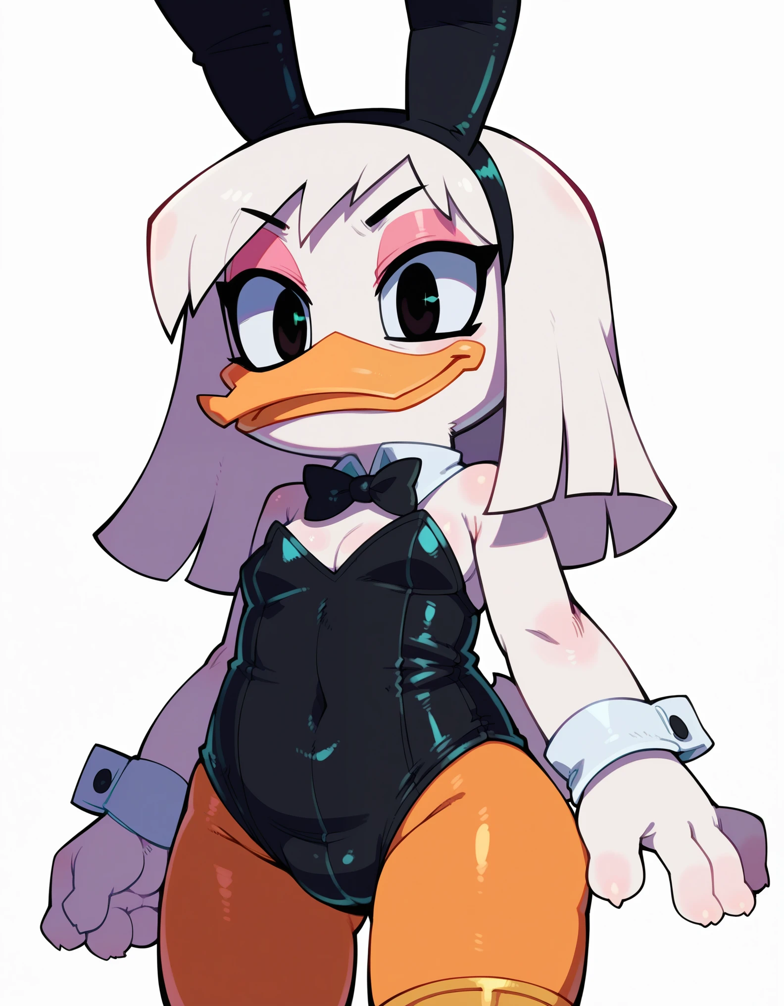 score_9, score_8_up, score_7_up, score_6_up, best quality, highres, source_furry, BREAK
mjm BREAK
1girl, white background, solo, furry, della duck, beak, white skin, white body, white hair, standing, shoulder length hair, black eyes orange legs, mouth closed, blep, brass leg, prosthetic leg, playboy bunny, fake rabbit ears, hair band, from below, pink eyeshadow 