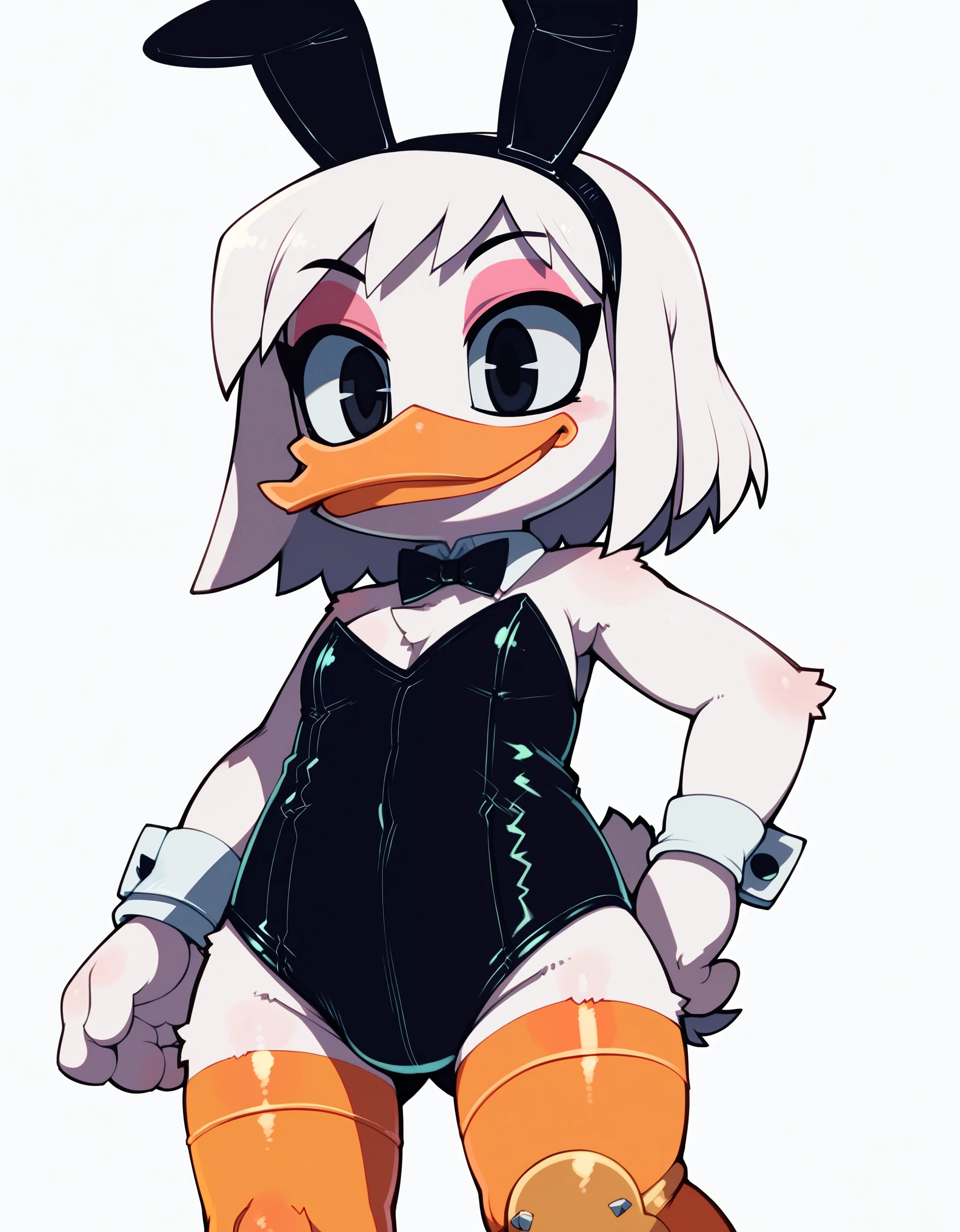 score_9, score_8_up, score_7_up, score_6_up, best quality, highres, source_furry, BREAK
mjm BREAK
1girl, white background, solo, furry, della duck, beak, white skin, white body, white hair, standing, shoulder length hair, black eyes orange legs, mouth closed, blep, brass leg, prosthetic leg, playboy bunny, fake rabbit ears, hair band, from below, pink eyeshadow 