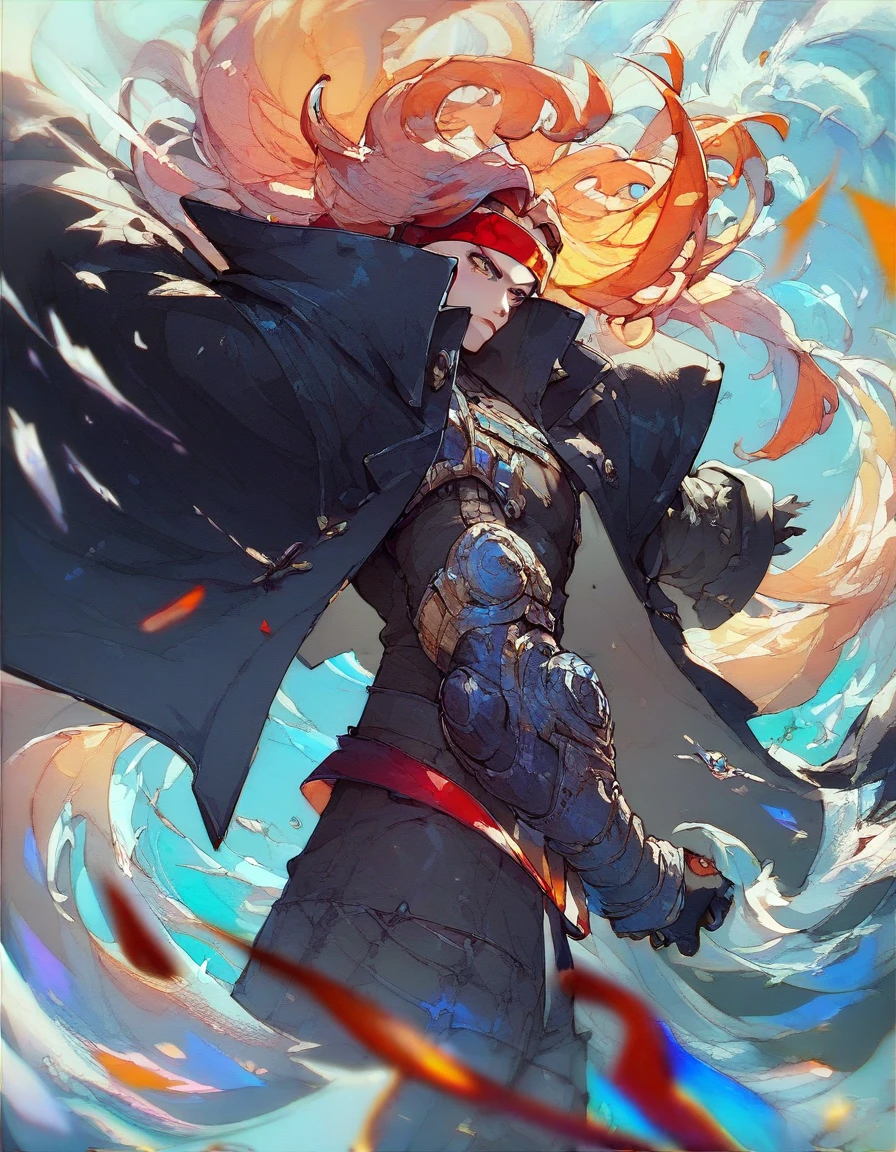 Visualize a (((rebel leader))), clad in a (((black overcoat))), accessorized with a (((red headband))), luxuriously flowing blond hair that defiantly waves in the wind, standing in an imposing manner, embodying a surreal fantasy scene that transcends the mundane, drawn with the intricate details and exquisite beauty indicative of a master Manga artist, with vibrant hues of Enchant contrasting against a dynamic lighting scheme that imbues the composition with a vivdly alive energy