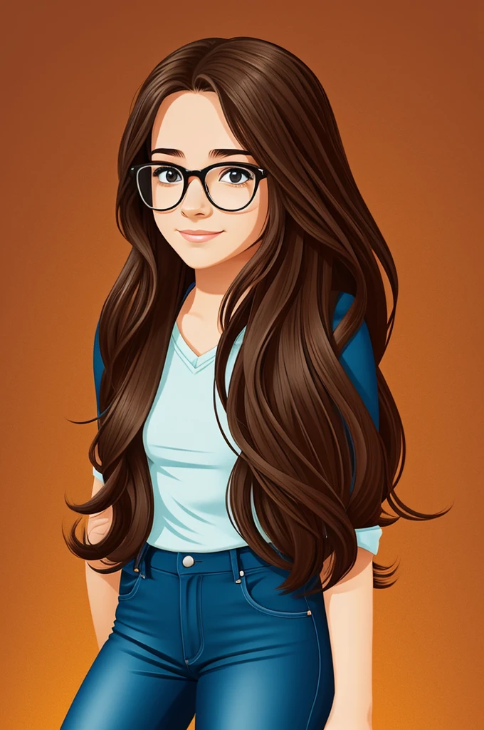 Teenage woman with long hair glasses in cartoon