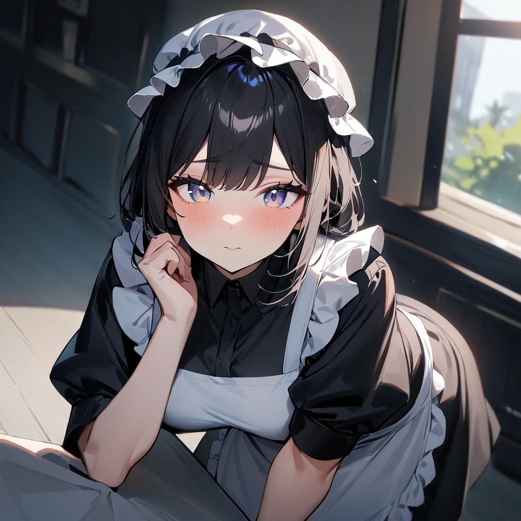 1 girl,black hair,light eyes,blackdress,maidapron,mob cap,puffy_sleeves,maid_apron,masterpiece, best quality, very aesthetic, absurdres 