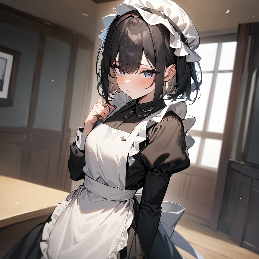 1 girl,black hair,light eyes,blackdress,maidapron,mob cap,puffy_sleeves,maid_apron,masterpiece, best quality, very aesthetic, absurdres