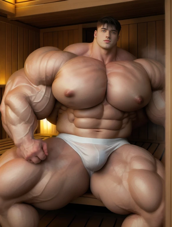 1boy, giant, giant bodybuilder, stand, warm light, strong body, bulk, large size, staring, sitting in the sauna, open legs, nude, white triangular underwear, prominent bulge, extraordinary big, brutalmass, giant, muscular body, bulk, buff, massive body, large meaty body size, extremely wide body