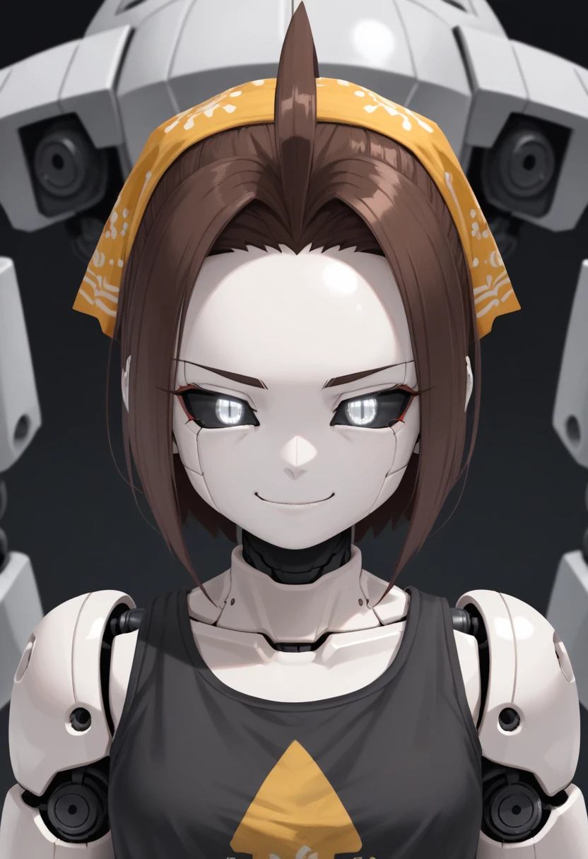 (Anime, 1girl, brown hair, grey eyes, dark punk clothes, black tank top, yellow bandana, portrait, Robot girl, Mecha, Android, joint limbs, robot joints, facial joints, metal pale skin, black sclera, no mouth, glowing eyes, no face, smug face), score_9, score_8_up, score_7_up