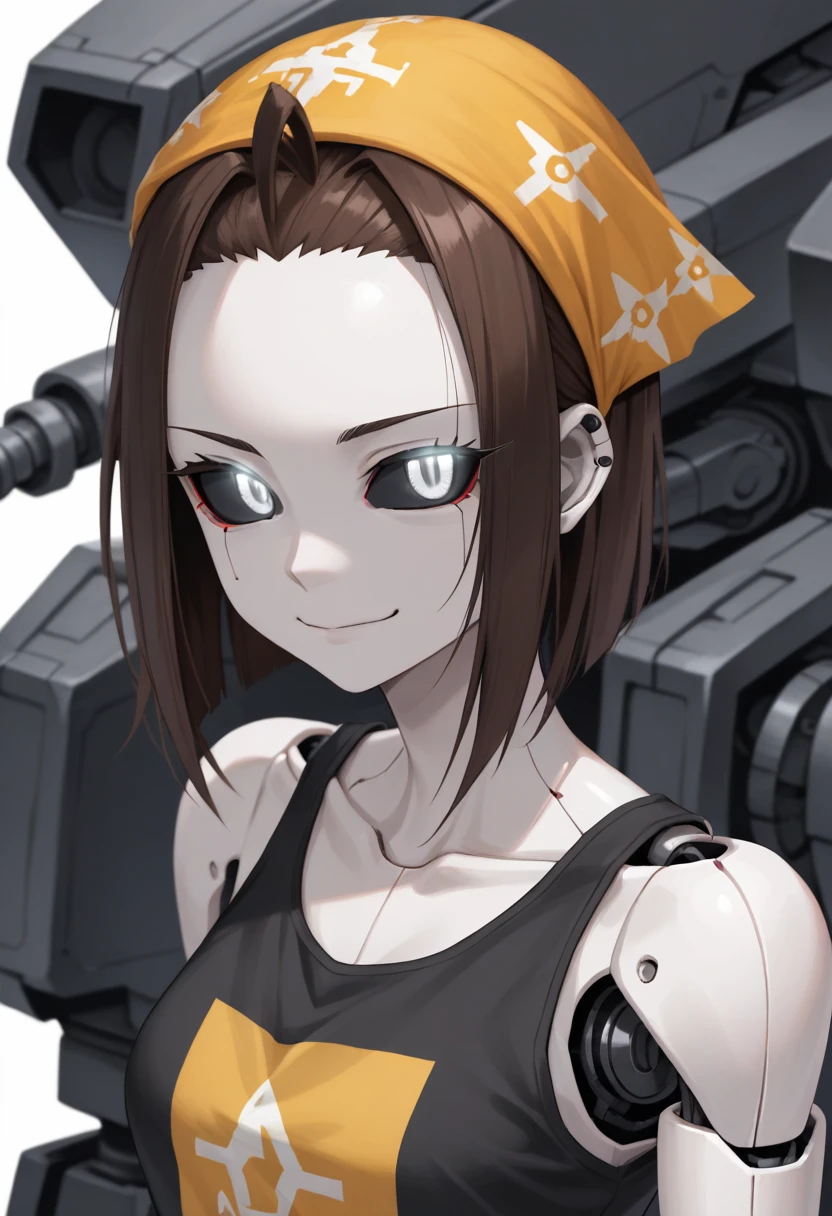 (Anime, 1girl, brown hair, grey eyes, dark punk clothes, black tank top, yellow bandana, portrait, Robot girl, Mecha, Android, joint limbs, robot joints, facial joints, metal pale skin, black sclera, no mouth, glowing eyes, no face, smug face), score_9, score_8_up, score_7_up