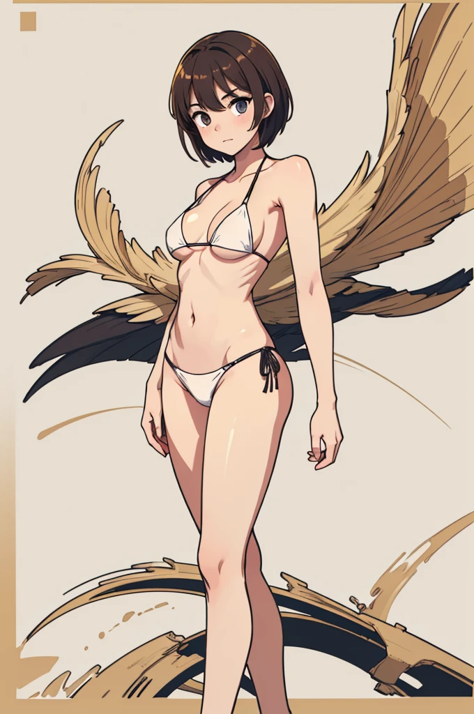 (((masterpiece, best quality, ultra highres, 1 girl, solo, no background))), super detailed skin and face and eyes and finger, beautiful japanese woman, small breasts:1.5, skinny, light brown hair, white background, very short pixie hair, Knee shot, Generate with illustrations, Various expressions, Various poses, Please draw the entire character within the frame, ensuring that the head, arms, and legs are not cut off. The background should be simple, with the character positioned centrally, outline, anime, 2d, boyish, tiny micro bikini swimsuit, spread legs, smug,