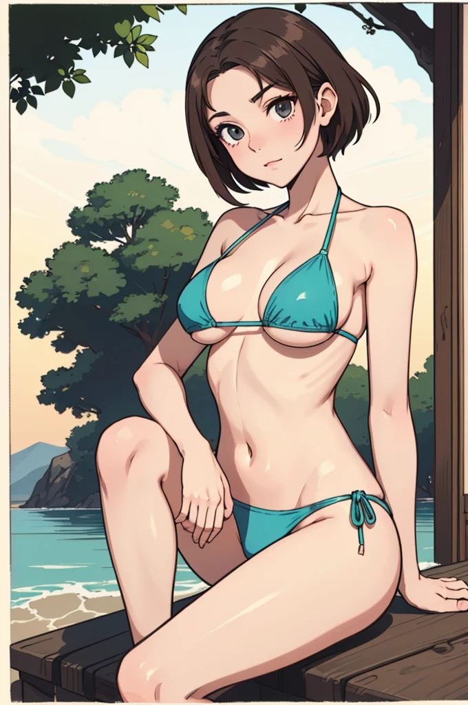 (((masterpiece, best quality, ultra highres, 1 girl, solo, no background))), super detailed skin and face and eyes and finger, beautiful japanese woman, small breasts:1.5, skinny, light brown hair, white background, very short pixie hair, Knee shot, Generate with illustrations, Various expressions, Various poses, Please draw the entire character within the frame, ensuring that the head, arms, and legs are not cut off. The background should be simple, with the character positioned centrally, outline, anime, 2d, boyish, tiny micro bikini swimsuit, spread legs, smug,