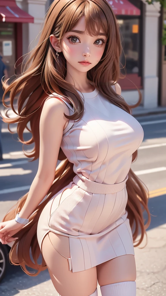 It's snowing,spread arms,town,(ultra detailed skin),curvy,,beautiful breasts,large breasts,pale skin,pointy breasts,erect nipples,(fantasy art,Highest image quality,Hyperrealist portrait,(8k),ultra-realistic,best quality, high quality, high definition, high quality texture,high detail,beautiful detailed,fine detailed,extremely detailed cg,detailed texture,a realistic representation of the face,masterpiece,Sense of presence,Dynamic,bold),(thin hair),(soft hair),Swept long bangs,extra light coppery amber hair,hair over one eye,clothed,(baggy sweater),tight mini skirt,stockings,Engineer boot,girl