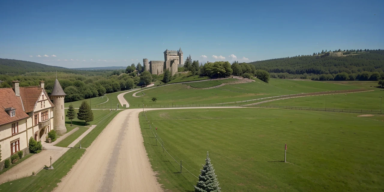 On the left is part of the castle, On the right is the forest, sandy road in the middle