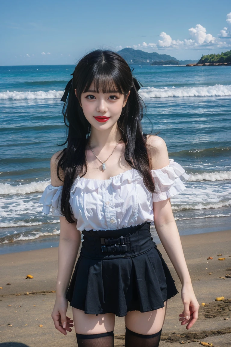 best quality, tmasterpiece,Ultra-high resolution,Clear face,(Reality:1.4),ferpect lighting,(full body), (photorealistic:1.50), anime wallpaper, Guviz style artwork, cover-up fantasy up to magic , by Yang J, Guviz, beautiful artwork illustration, beautiful digital artwork, beautiful digital illustration, Li Song, beautiful anime portrait, art style in Beauvot,1girl, 独奏, bangs, long hair,twintails, hair ribbon, jirai kei attire, jirai kei, black thighhighs, high heels, jewelry, collarbone, earrings,smile, necklace, standing, (medium breasts:1.3), (shagging breasts) Naughty, sexy poses, (From the front:1.3), On the beach, Beach sand, waves, (Beach:1.5),basking under the sun,