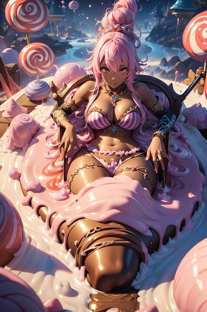 A beautiful alluring candy hybrid african female, covered in gooey sticky candy, curly afro pink cotton candy hair, dark skin, inside a gooey candy filled river at fantasy candy castle room, stripping on a dance pole, dance pole is made of striped candy, wearing clothes made of candy, fantasy Theme, candy Theme, Fiverr Dnd Character, Octane Render, Digital Art, Extreme Detail, 4k, Ultra Hd, Polished, Beautiful, Hyperdetailed, Intricate, Elaborate, Meticulous, Photorealistic, Sharp Focus, Wlop, Character Design, Unreal Engine, 3d Rendered, Volumetric Lighting, Reflections, Glossy, Digital Illustration,  Pose, Suggestive Pose, Lewd, Full Body Shot, anatomically correct 💖❤💕💋❣