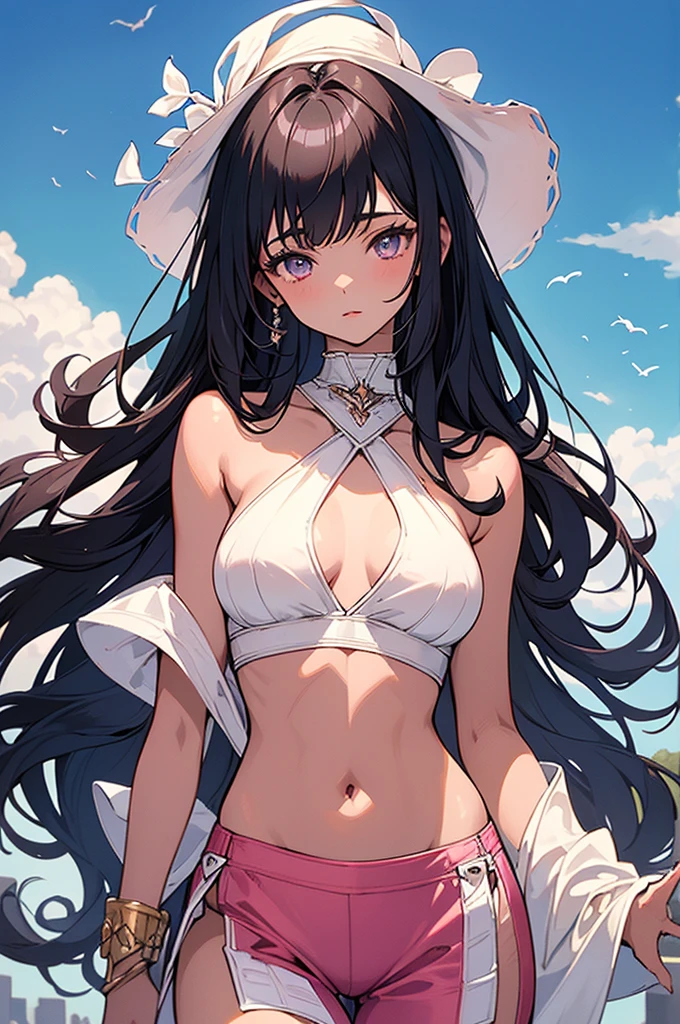 ((highest quality)),(ultra high resolution),(Super detailed), (best work of art), (ung girl:1.5), beautiful and well-shaped face:1.5,(Beautiful skin with precise and detailed depiction:1.6),(sleeveless halter neck sports bra and elastic waist band shorts ),gorgeous, masterpiece, best quality, high-resolution, finely detailed, extremely detailed and beautiful, distinct-image, 1 girl, 16 year old teen, solo, sharp facial features, oval shaped face. cherry pink lips, lightly tanned white skin. velvet-colored eyes, C-cup breasts, tall height(175cm), slim yet chiseled body type, flowing waist length dark violet-black hair, small narrow waist, long and slender legs, curvy wide hips, elegant gothic courtyard setting