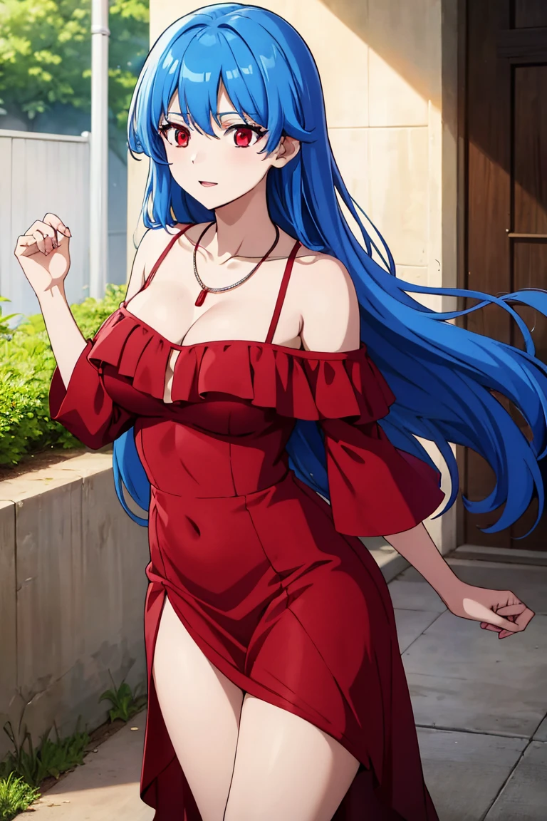 (artwork, best quality) a girl with long blue hair, red eyes, medium breasts, red off-shoulder dress, necklace, happy, talking to a boy, in a school yard