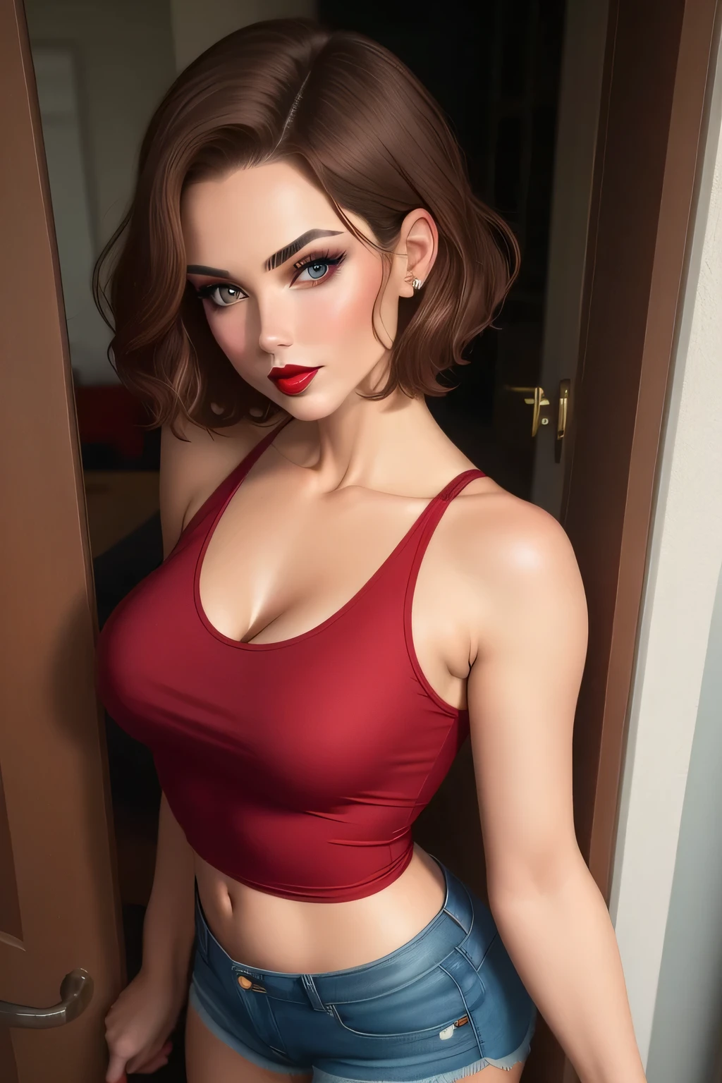 Sexy woman, short brown hair, middle part, lots of makeup, perfect red lips, loose blue tank top, black short shorts