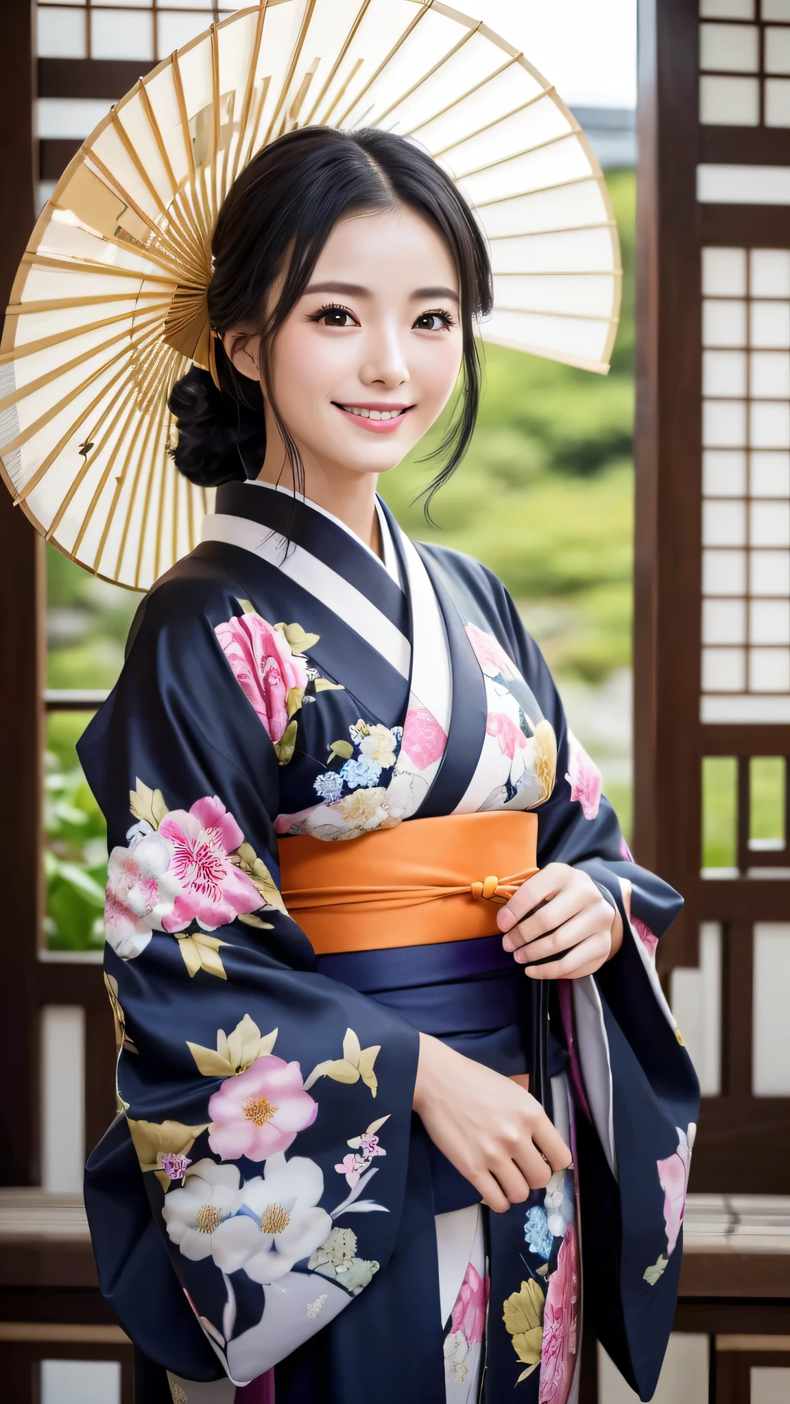 (Super beautiful woman in kimono)、((highest quality、8K masterpiece:1.3))、sharp focus:1.2、(super beautiful face:1.0)、(shiny skin:1.0)、realistic pictures、black hair、video lighting、High resolution eyes and face、video lighting、japanese actress、from the front、with a happy smile、whole body、wearing a kimono、in Kyoto、(luxury obi)、with a fan