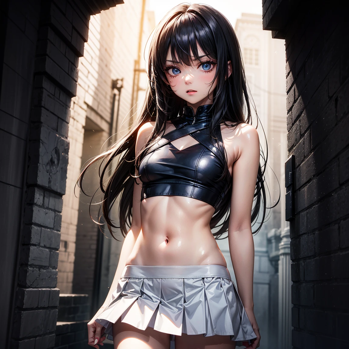 (High Detail:1.2) Anime Girl, (Best quality, Detailed), (dark, gravelly:1.3, dark:1.2), 1girl, (solo), long bob hair, black hair, blue eyes, fair skin, sinister, intense look, background dark, Volumetric light, hyper realistic, super detailed, Dynamic pose, (flat chest), small size, small, white crop top, red skirt, body view, naked vagina.
