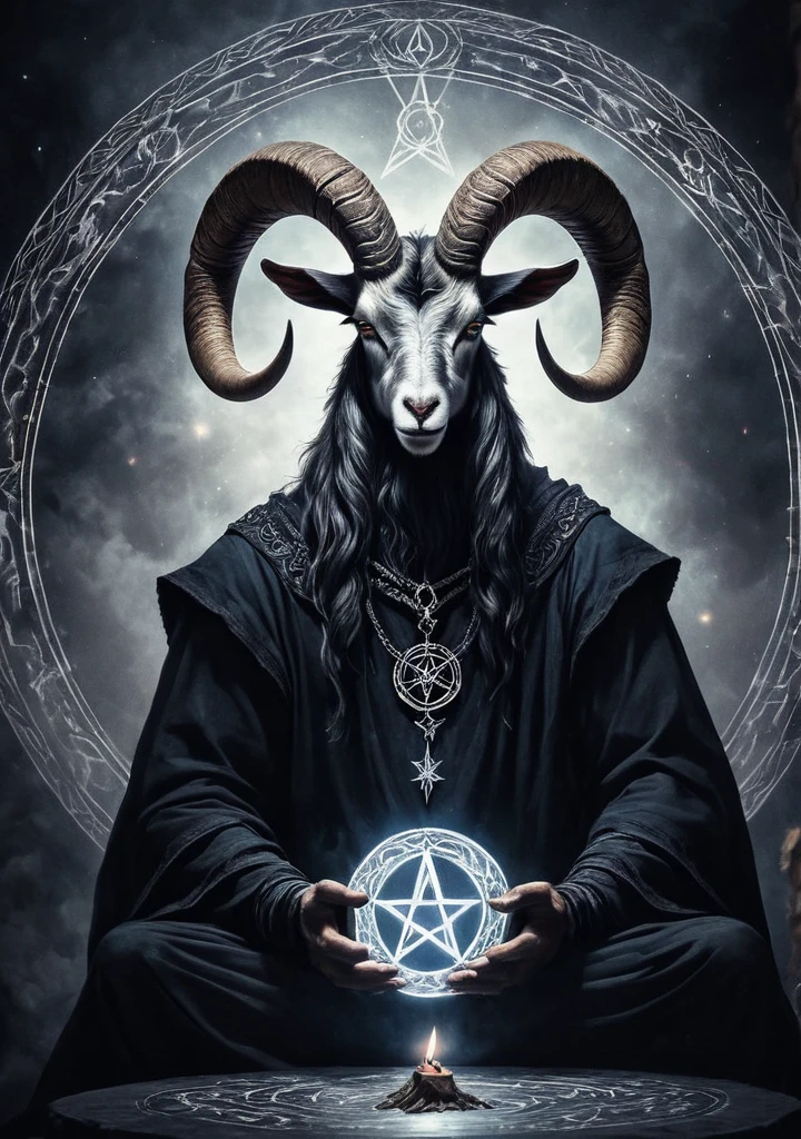 Baphomet, RAW photo of an anthro goat drawing a summoning circle, pentagram, innocent, super detail, ultra-realism, Dreamyvibes Artstyle,