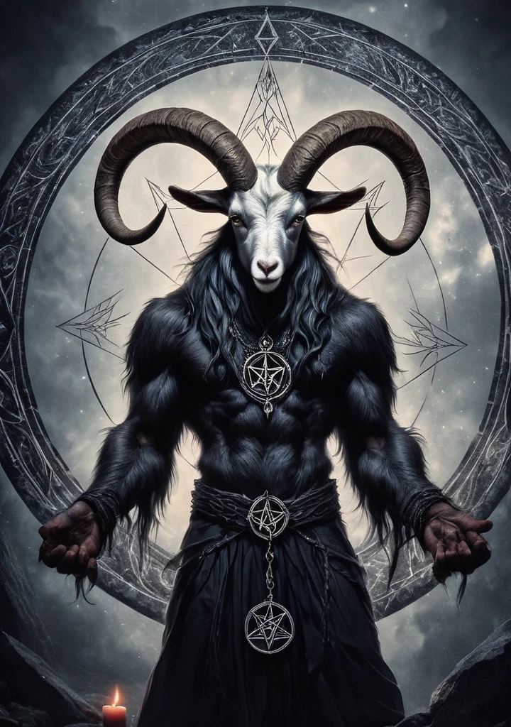 Baphomet, RAW photo of an anthro goat drawing a summoning circle, pentagram, innocent, super detail, ultra-realism, Dreamyvibes Artstyle,