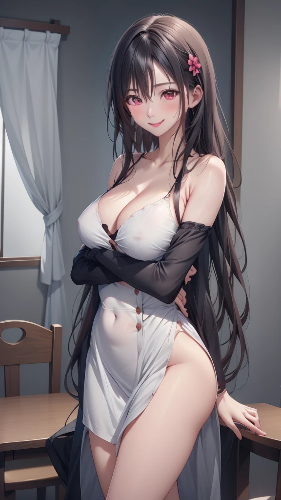 (masterpiece, Highest quality), Intricate details, One girl, alone, Long Hair, View your viewers, indoor, Arms crossed, smile, Removable sleeves, Gray Hair, curtain, Large Breasts, Red eyes, Exposing shoulders, Mouth closed, Long sleeve, Upper Body, dress, lamp, Picture Frame, blush, window, button, flower, No sleeve, Side Lock, Hair between the eyes, Arms under chest, Tassel, lips, Chair