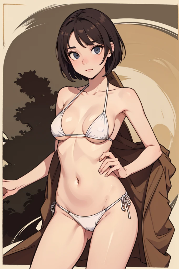 (((masterpiece, best quality, ultra highres, 1 girl, solo, no background))), super detailed skin and face and eyes and finger, beautiful japanese woman, small breasts:1.5, skinny, light brown hair, white background, very short pixie hair, cowboy shot, Generate with illustrations, Various expressions, Various poses, Please draw the entire character within the frame, ensuring that the head, arms, and legs are not cut off. The background should be simple, with the character positioned centrally, outline, anime, 2d, boyish, tiny micro bikini swimsuit, spread legs, wide-eyed,