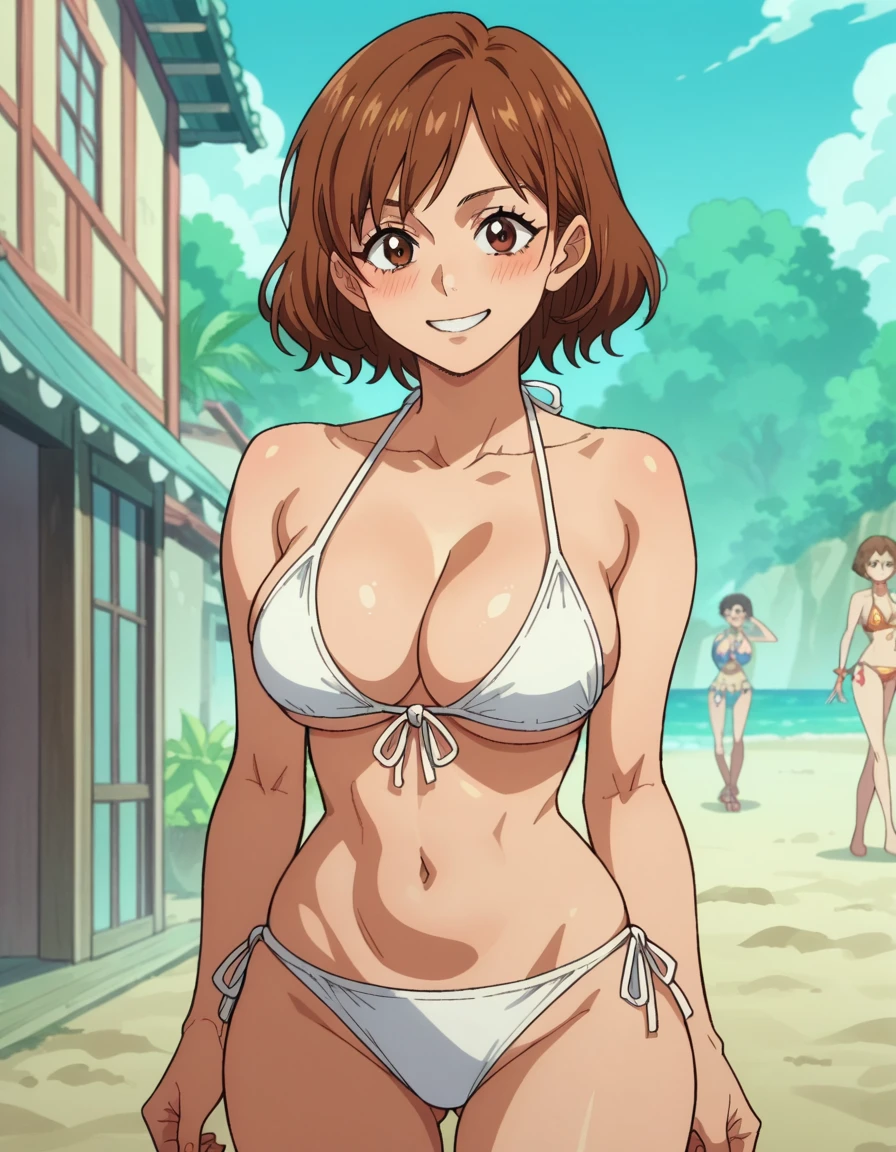 score_9, score_8_up, score_7_up, source_anime, anime screencap, one_piece_wano_style, 1girl, brown hair, brown eyes, short hair, big breasts, bikini, cleavage, standing, nsfw, blush, looking at viewer, smile