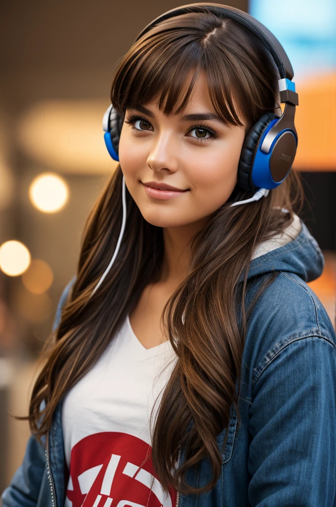Girl with brown hair, brown eyes, wearing gamer headphones
