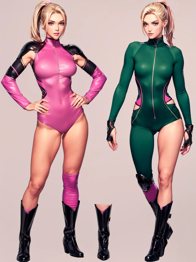 ((best quality)), ((4k)), ((highres)), ((masterpiece:1.2)). ((detailed)), ((ultra realistic)), ((intricate details)), ((full body picture)), ((character design sheet)), ((blank background)), ((standing in a blank background)), full body shot of a beautiful european female, blond beauty, about 21 years old, rosy white skin, red lips, smile on her face, happy expression on her face, about 5'6 ft. tall, perfect face, gorgeous face, blond hair, vivid green eyes, detailed lips, detailed eyes, long ponytail, athletic body, dressed in a skin-tight dark pink bodysuit ((emphasis on her skin-tight dark pink bodysuit)), black boots, ((black boots)), superhero character concept art, lean body frame.