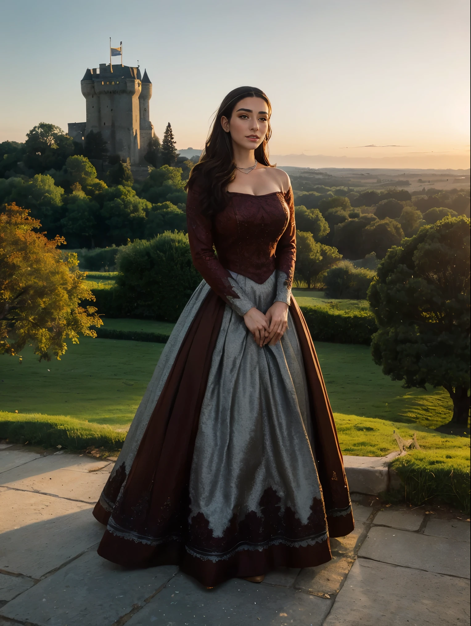 Beautiful and regal, imperious and aloof, busty athletic (thin) brunette queen with sharp facial features wearing a modest updo, dark red medieval dress, long sleeves, intricate patterns, scrollwork, wide neck, crown, veil, long dress, modest dress, tight bodice, (silver waist chain), medieval jewelry, Middle Ages, castle, rampart, wall, exterior, on top of a castle wall, trees, countryside, evening, sunset.