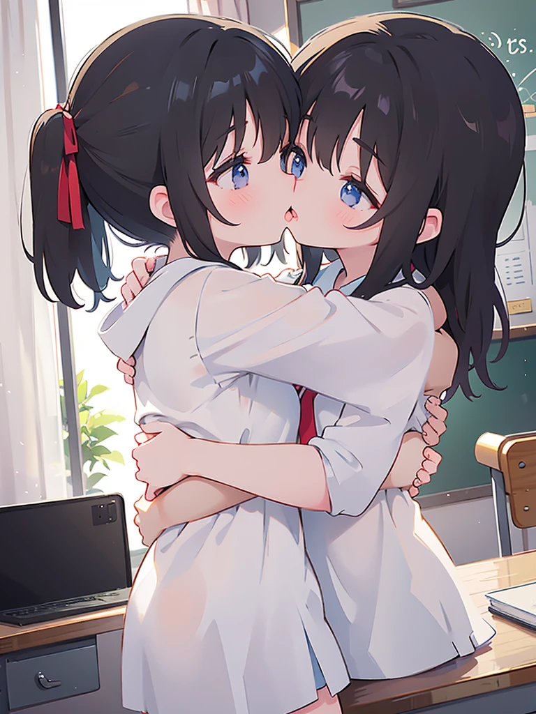 two girls,hugging,kiss,,classroom,