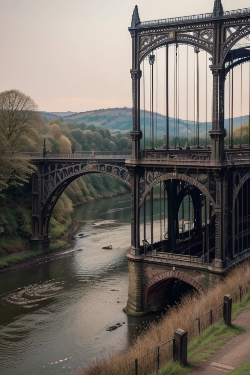 Create a detailed illustration of the Iron Bridge (Iron Bridge) em Coalbrookdale, england, opened in 1781. Point to the metal structure of the bridge, highlighting its cast iron beams and arches. Show bridge over the River Severn with rural scenery in the background. Include historical details, like workers of the time and a late 18th century construction environment