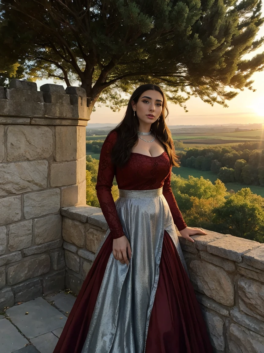 Gorgeous and sultry busty athletic (thin) brunette queen with sharp facial features wearing a modest updo, dark red medieval dress, long sleeves, intricate patterns, scrollwork, wide neck, crown, veil, long dress, modest dress, tight bodice, silver belt, (waist chain), medieval jewelry, Middle Ages, castle, rampart, wall, exterior, on top of a castle wall, trees, countryside, evening, sunset.