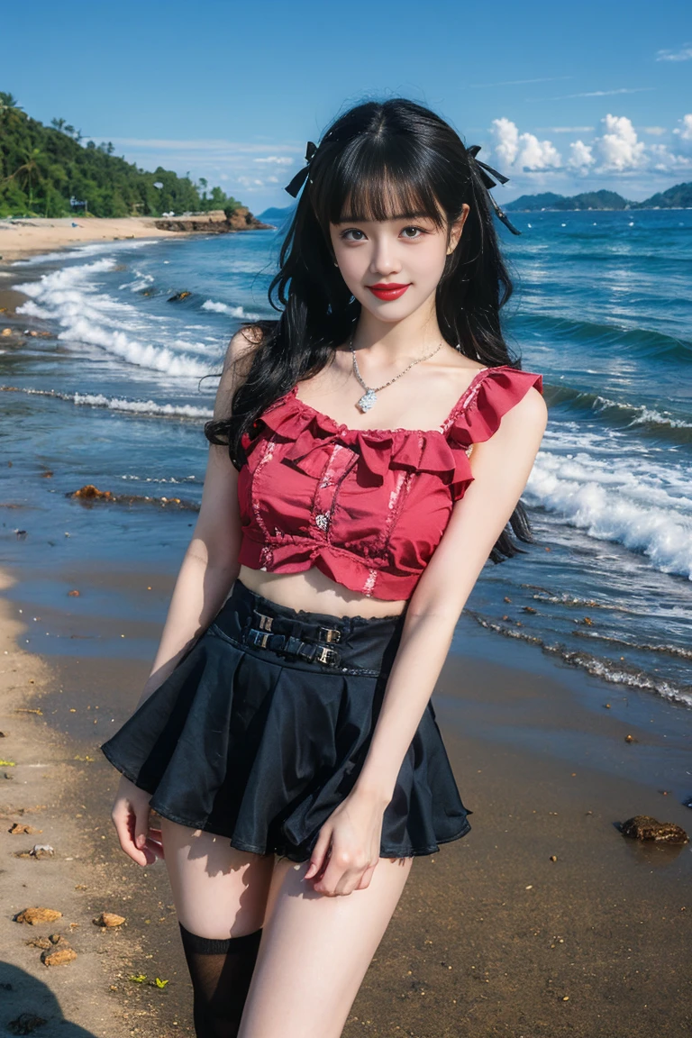 best quality, tmasterpiece,Ultra-high resolution,Clear face,(Reality:1.4),ferpect lighting,(full body), (photorealistic:1.50), anime wallpaper, Guviz style artwork, cover-up fantasy up to magic , by Yang J, Guviz, beautiful artwork illustration, beautiful digital artwork, beautiful digital illustration, Li Song, beautiful anime portrait, art style in Beauvot,1girl, 独奏, bangs, long hair,twintails, hair ribbon, jirai kei attire, jirai kei, black thighhighs, high heels, jewelry, collarbone, earrings,smile, necklace, standing, (medium breasts:1.3), (shagging breasts) Naughty, sexy poses, (From the front:1.3), On the beach, Beach sand, waves, (Beach:1.5),basking under the sun,