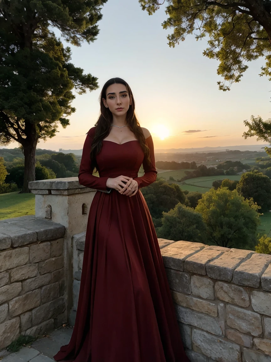 Beautiful and regal, imperious and aloof, busty athletic (thin) brunette queen with sharp facial features wearing a modest updo, dark red medieval dress, long sleeves, wide neck, crown, veil, long dress, modest dress, tight bodice, (silver waist chain), medieval jewelry, Middle Ages, castle, rampart, wall, exterior, on top of a castle wall, trees, countryside, evening, sunset.