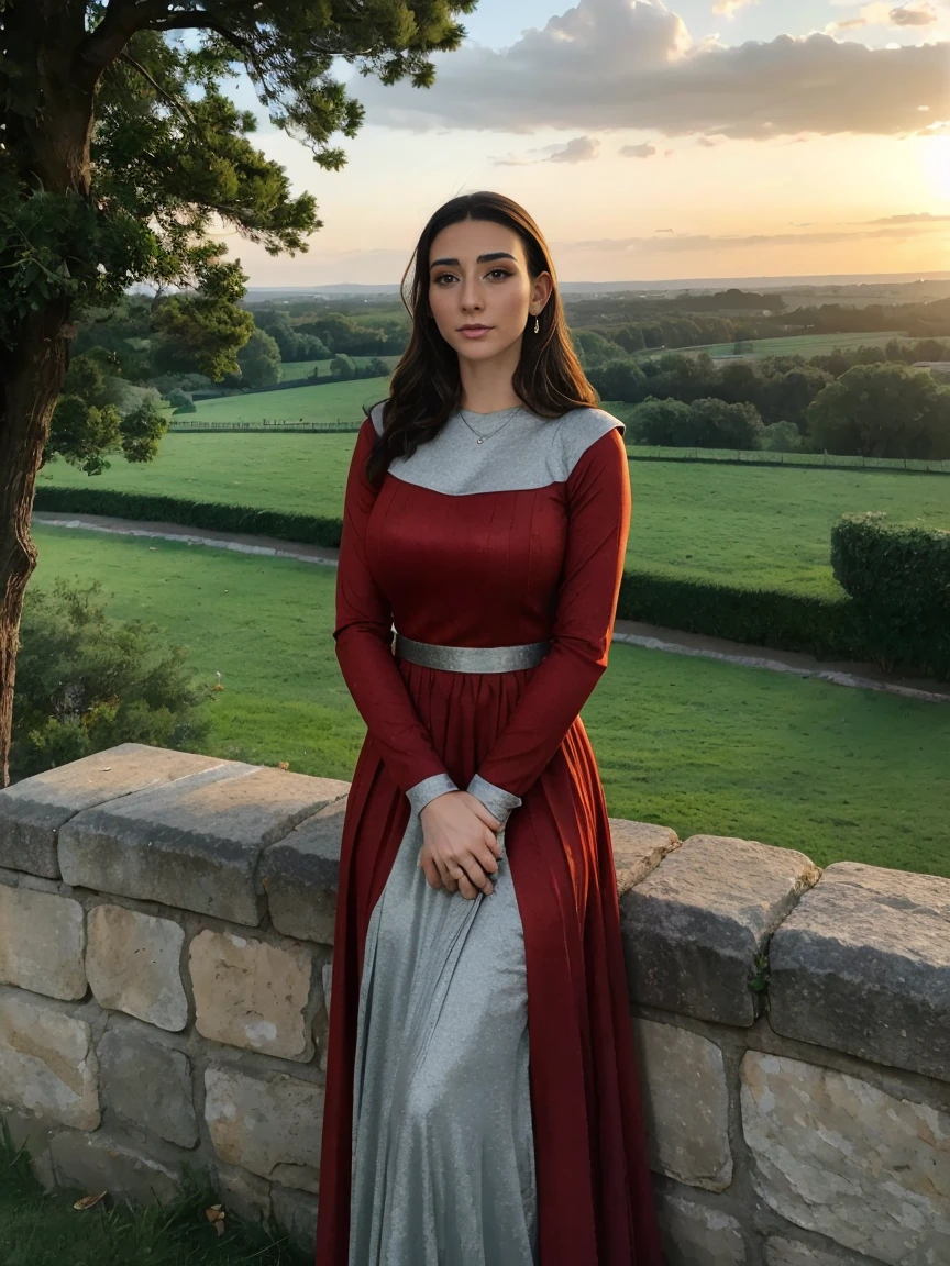 Beautiful and regal, imperious and aloof, busty athletic (thin) brunette queen with sharp facial features wearing a modest updo, dark red medieval dress, long sleeves, wide neck, crown, veil, long dress, modest dress, tight bodice, (silver waist chain), medieval jewelry, Middle Ages, castle, rampart, wall, exterior, on top of a castle wall, trees, countryside, evening, sunset.