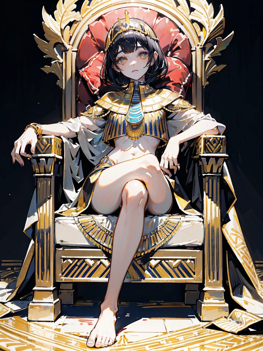 (masterpiece, UHD, detailed illustration) eguptian queen, bobcut black hair, egyptian clothing, bare foot, feet focus, sitting on an egyptian throne, evil, blood on the ground