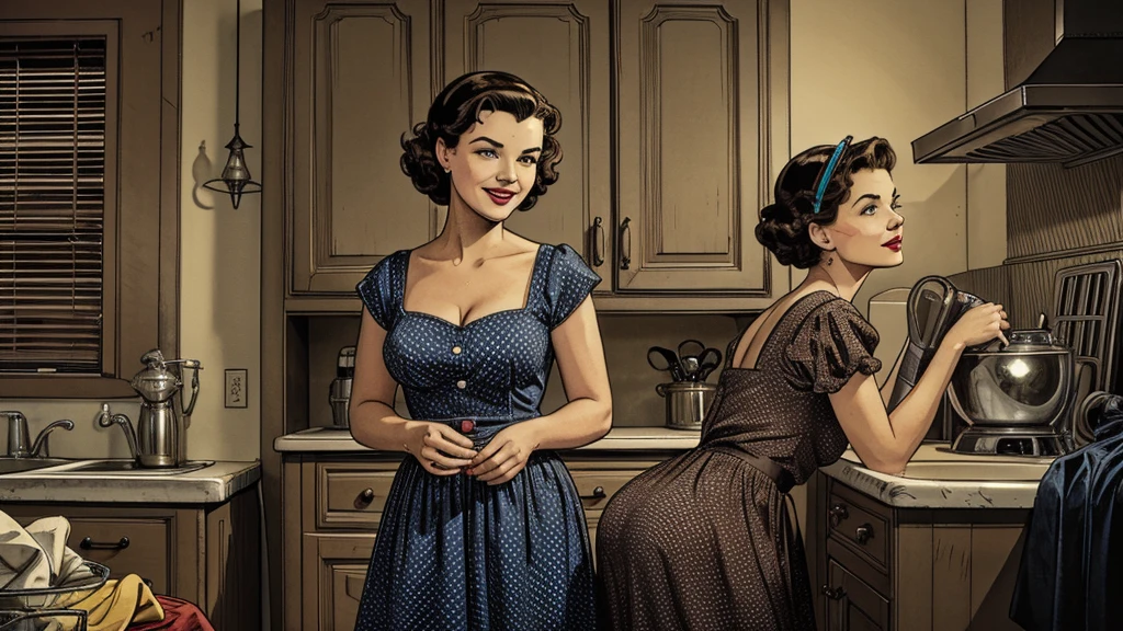 The vintage advertisement appears to celebrate 1950s domesticity at first glance. In the foreground, a smiling housewife poses holding a vintage vacuum, embodying the can-do attitude of the era's homemakers. She wears a classic polka-dot dress with a modest sweetheart neckline that hints at her shapely figure. Perfectly coiffed brunette curls frame her made-up face.
However, a closer look reveals a darker, sinister presence. Looming behind the housewife are three tiny aliens with large heads and bulbulbous black eyes, they are oggling the housewife's ass as she bends over the ironing board or sink.
Blending the saccharine-sweet feminine ideals of the era with a full-blown sci-fi monster invasion, the advertisement presents a deliriously incongruous juxtaposition of prim domesticity and terrifying, alien invaders.