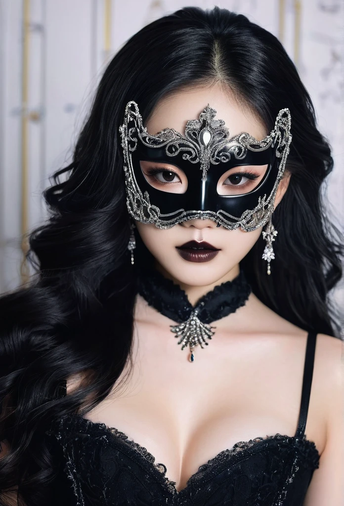 an Asian girl in low-cut black gothic clothing, wearing a black elegant mask to a masquerade ball, big and long hair, Uzzlang, jennie face, Stripe, face mask elegant prom