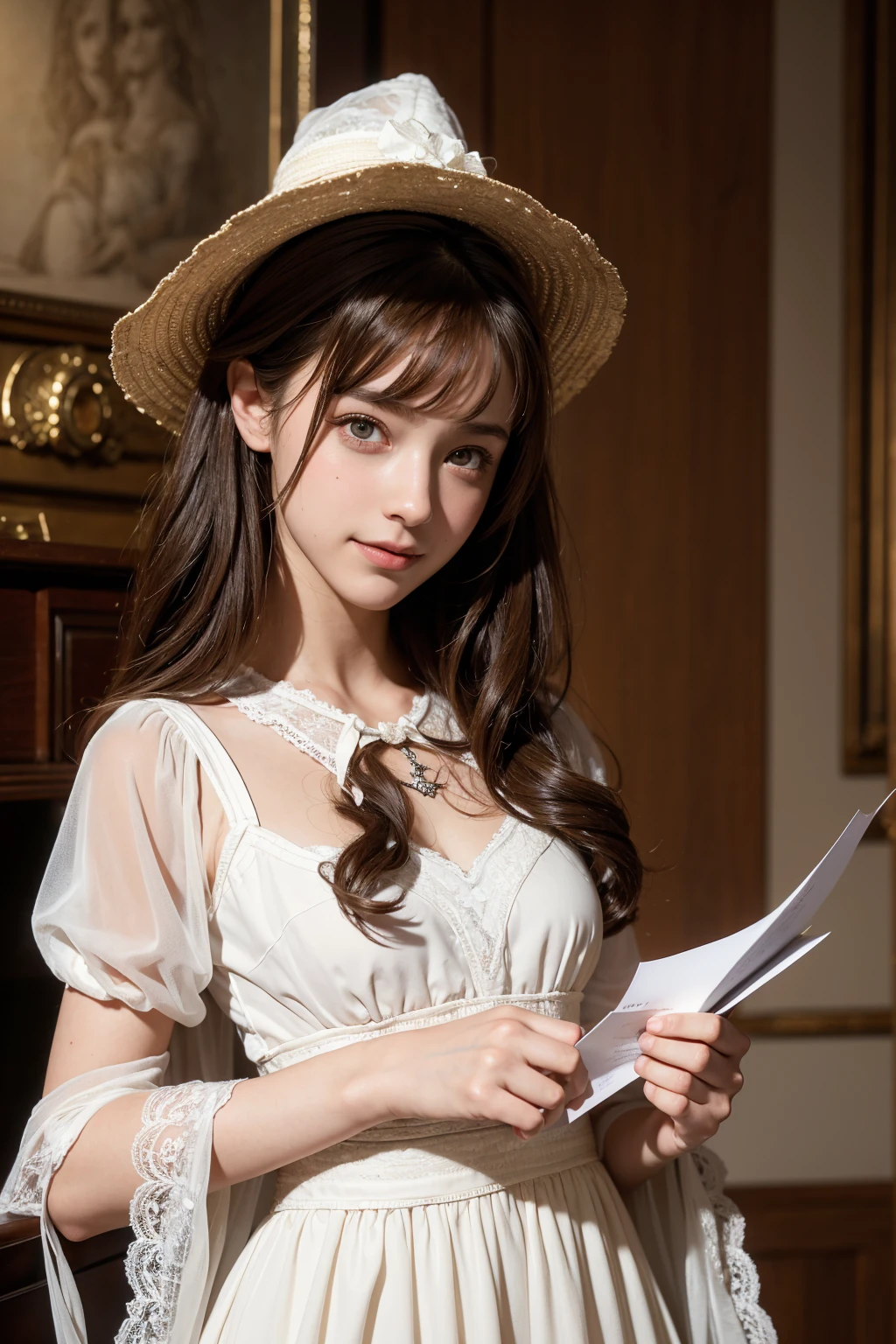 Image of Arafed with a girl in a white lace dress and notes by Leonardo da Vinci in the background, A stunningly young and elegant person, Magical Girl Portrait, Portrait of a Young Witch girl, Girl in steampunk clothes, Musician girl in lace clothes, Natalia Dyer, Dafne Keen, Portrait of a Young Witch, Has magical powers, Inspired by Irakli Nadar, Inspired by William Master Lockhart, Highest quality, detailed, detailed, Tabletop, high resolution、With a smile