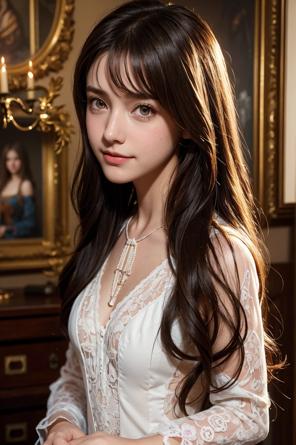 Image of Arafed with a girl in a white lace dress and notes by Leonardo da Vinci in the background, A stunningly young and elegant person, Magical Girl Portrait, Portrait of a Young Witch girl, Girl in steampunk clothes, Musician girl in lace clothes, Natalia Dyer, Dafne Keen, Portrait of a Young Witch,  Has magical powers, Inspired by Irakli Nadar, Inspired by William Master Lockhart, Highest quality, detailed, detailed, Tabletop, high resolution、With a smile