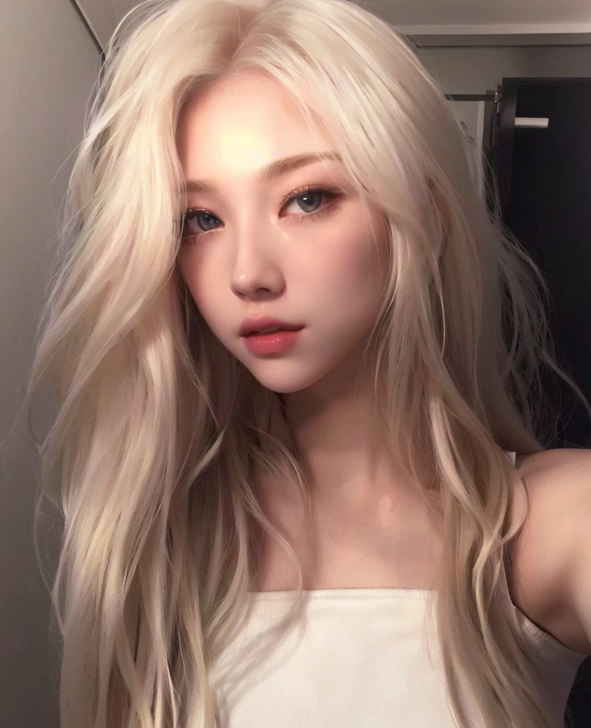 blond woman with long hair and white tank top taking a selfie, pale hair, very very pale blond hair, her hair is white, extremely pale blond hair, pale porcelain white skin, with white long hair, white hime cut hairstyle, pale glowing skin, korean girl, roseanne park of blackpink, girl with white hair, with long white hair, ash blond hair