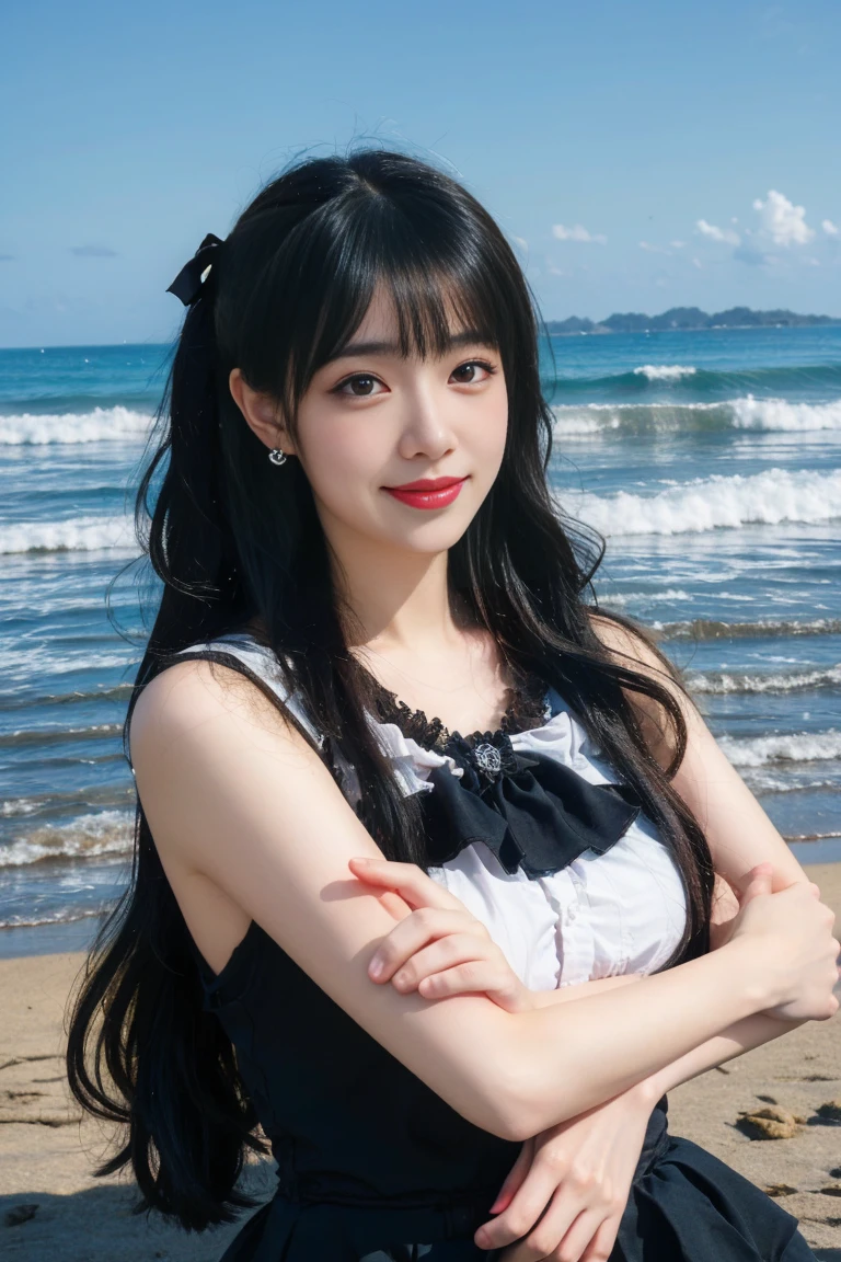40-year-old Japanese woman、Black Hair、Hair is very short、Twin tails、Hatsune Miku Costume、Headphones、Flat Chest、Realistic photos、Realistic、8K quality、expensive、No bangs、Beach、High resolution, Highest quality, Anatomically correct, Winner of numerous awards, Ultra high definition,